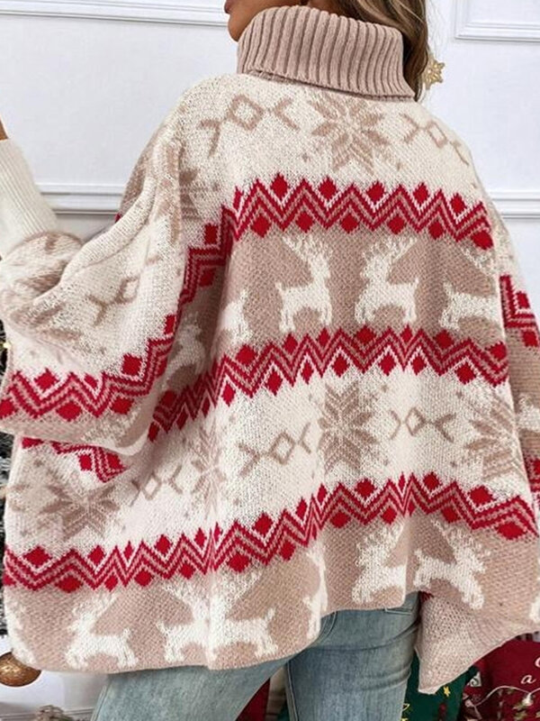 Clássico Elk Snowflake Print Turtleneck Pullover para mulheres, tops de malha, manga Batwing, suéteres de Natal