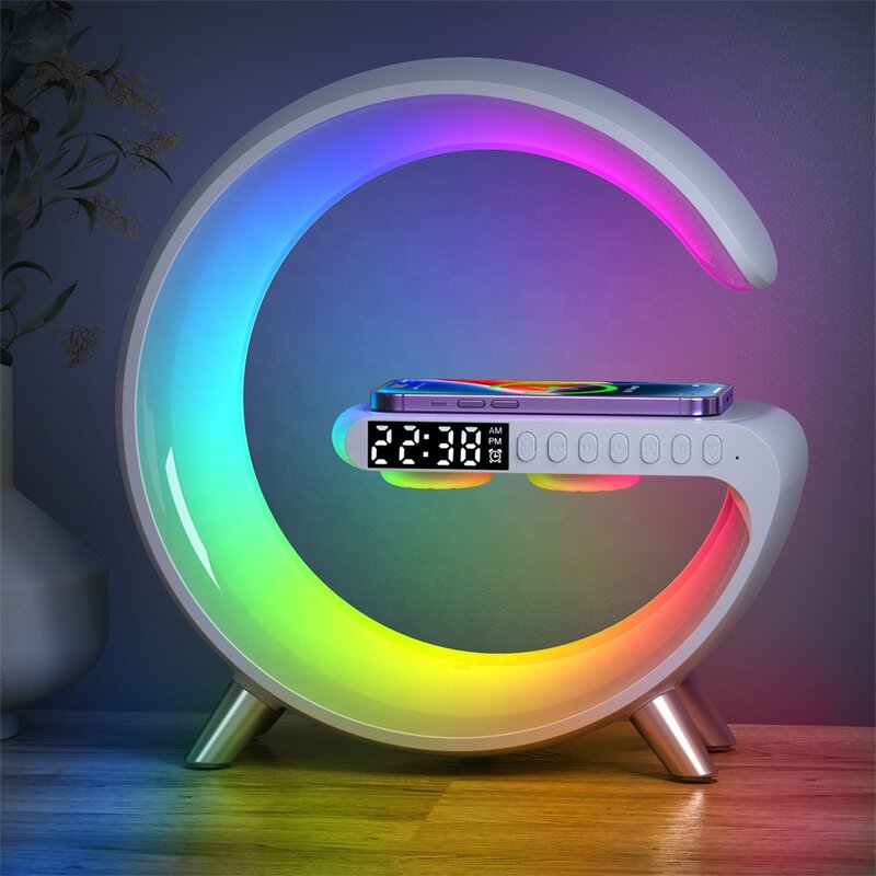 Caricabatterie rapido Wireless multifunzione da 15W Smart Rhythm luce ambientale Sunrise Wake-up Light Clock con 256 modalità di luce RGB