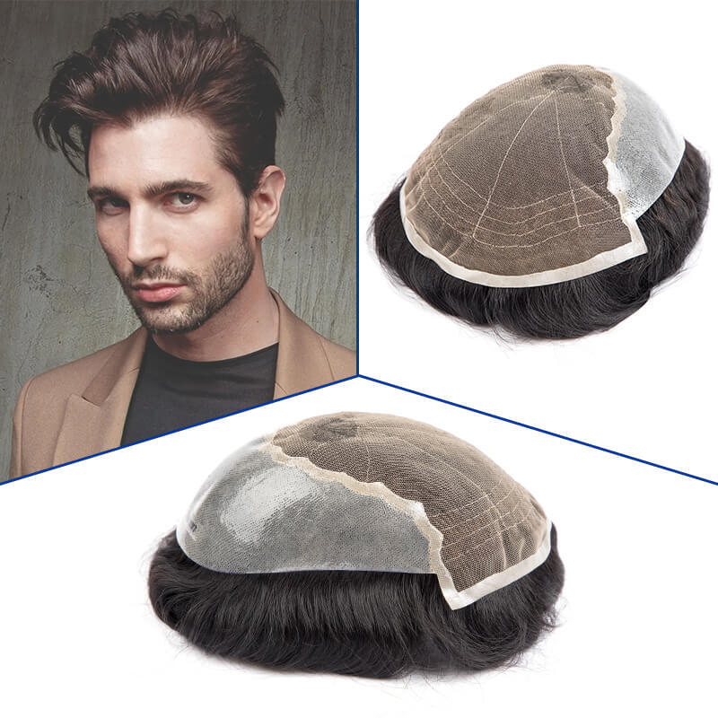 Q6 Wig rambut palsu untuk pria, Wig pengganti Exhuast sistem rambut manusia alami renda depan untuk pria
