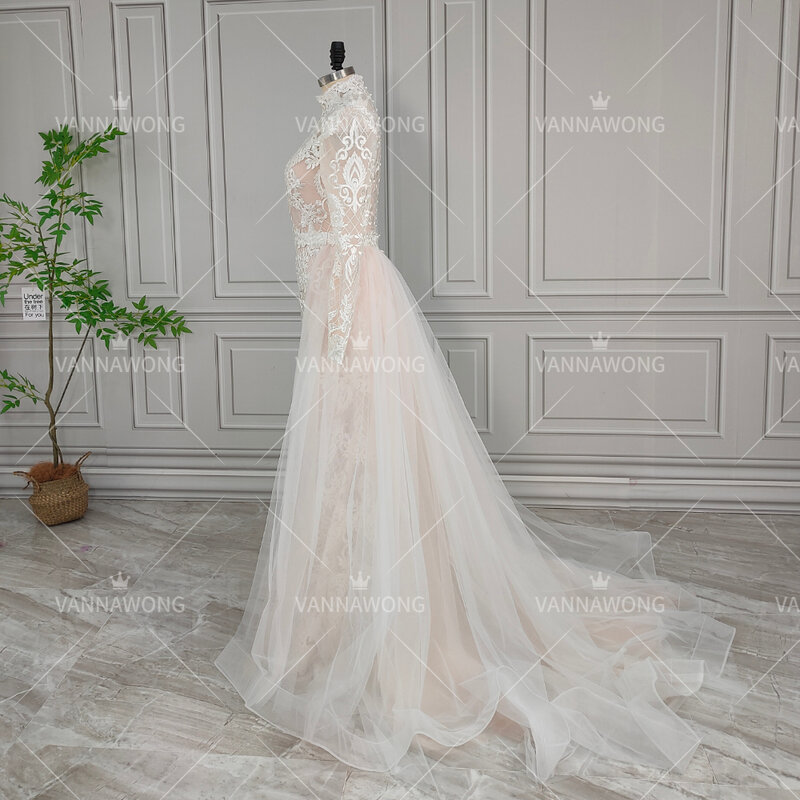 Винтажное Сетчатое кружевное свадебное платье с длинным рукавом и отстегивающимся шлейфом, платья для невесты цвета шампанского с подкладкой