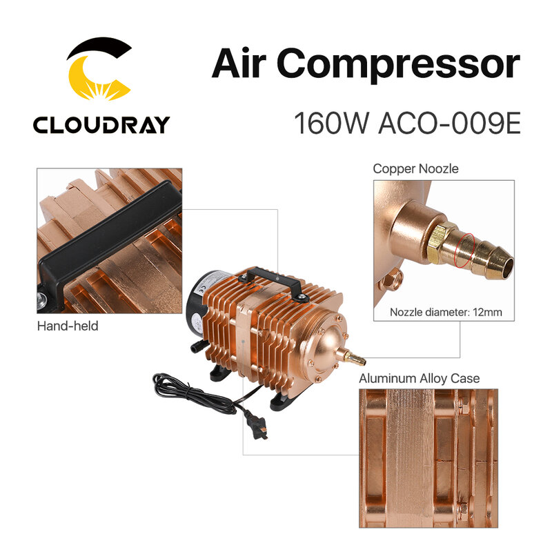 Воздушный компрессор Cloudray 160 Вт, Электрический магнитный воздушный насос для лазерной гравировки и резки CO2