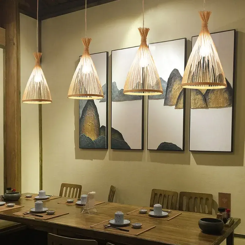Vintage naturalny rattan bambus wisiorek LED światła do salonu ręcznie tkane żyrandole lampa wisząca zawieszenie restauracji