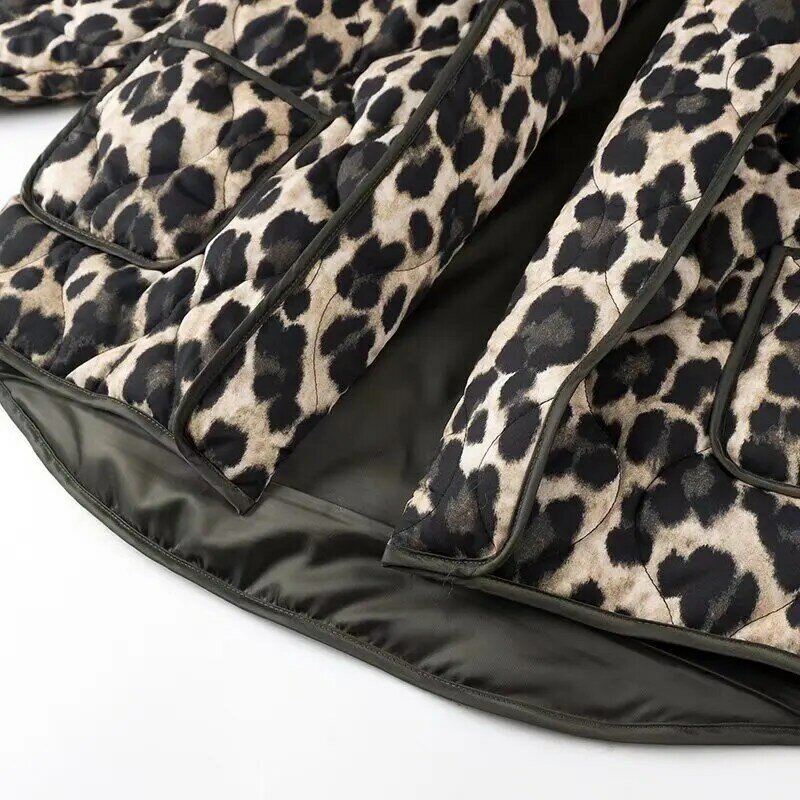 Leopard Print Cotton Coat Women Loose Lapel Patchwork Pockets Female Thick Warm Jacket 2024 Winter New Fashion Lady Outwear