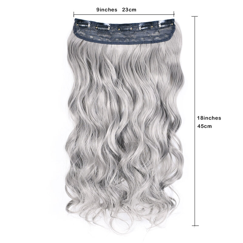 Hitam abu-abu warna rambut sintetis klip dalam ekstensi rambut satu potong dengan 5 klip panjang lurus bergelombang rambut keriting untuk rambut perempuan