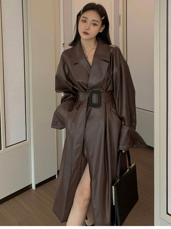Casaco de couro sintético comprido e extragrande para mulheres, marrom, elegante passarela, solto, estilo europeu, cinto, moda, outono