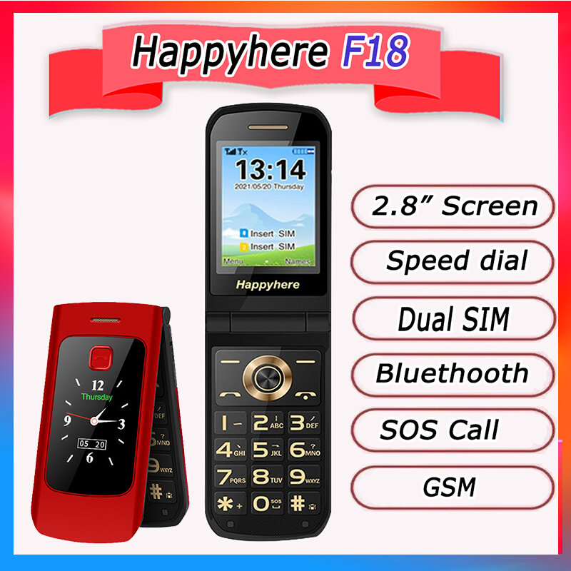 Happyhere-teléfono móvil F18 desbloqueado con tapa, llamada de velocidad SOS, MP3, Radio FM, antorcha, cámara, botón, teclado, Ruso
