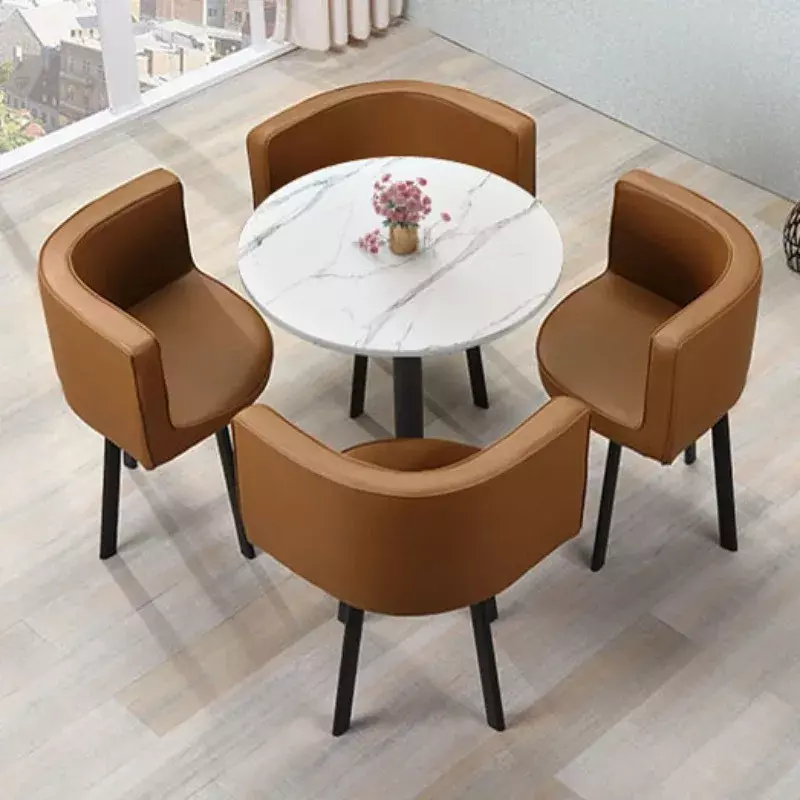 럭셔리 모던 거실 커피 테이블 세트, 차 라운드 대리석 유리 탑 커피 테이블, 프랑스 의자, 카페 가구
