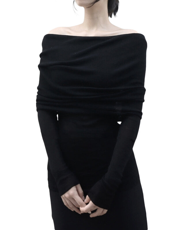Женские модные Универсальные трикотажные топы, Однотонная рубашка с воротником-лодочкой и открытыми плечами, с одной линией воротника и длинным рукавом, осенняя облегающая уличная одежда