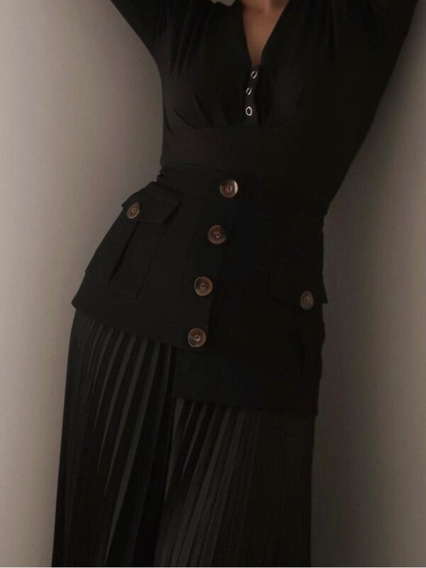 UCXQ eleganckie nieregularna z szyfonu patchworkowa spódnica jednolity kolor wszystkie zapałki fałdy kieszonkowe spódnice średniej długości kobiety 2024 wiosna lato 448