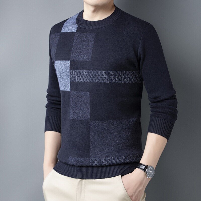 Suéter xadrez estampado de manga comprida masculino, pulôver versátil, suéter de malha, gola redonda, moda casual, novo, 2023