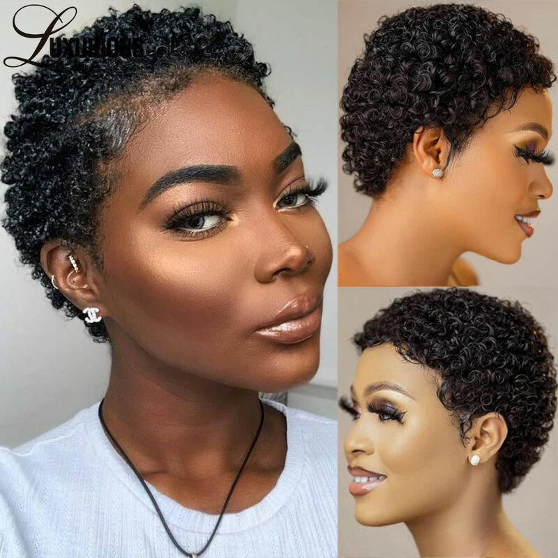 Bezklejowe wstępnie oskubane krótkie fryzura Pixie peruki dla czarnych kobiet Afro perwersyjne kręcone peruki brazylijskie dziewicze peruki z ludzkimi włosami Remy
