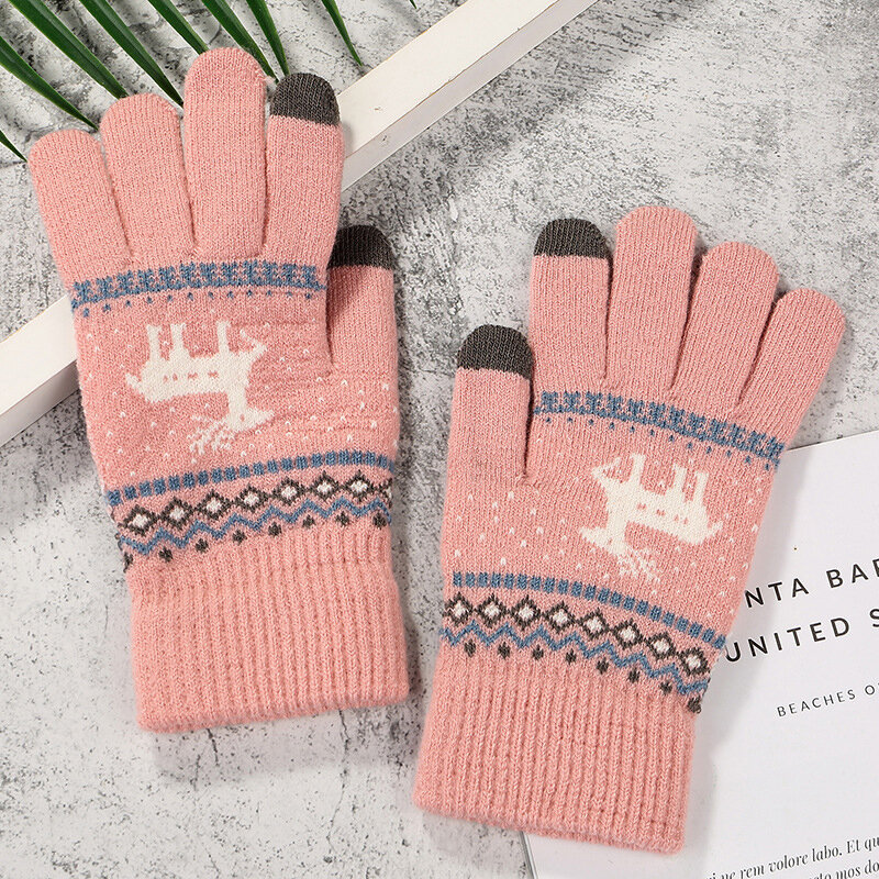Winter Warm Knitted Gloves Men Women Elk Crochet Thicken Gloves Touch Screen Stretch Mittens Imitation Wool Full Finger Guantes