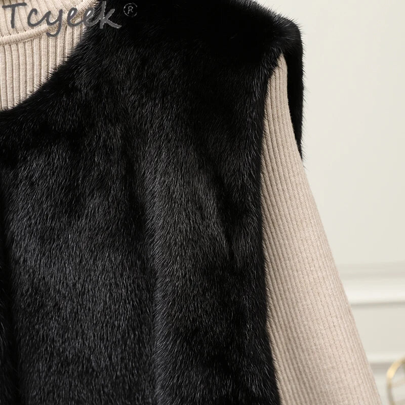 Tcyek 여성용 천연 밍크 모피 조끼, 2024 패션, 여성 전체 민소매 재킷, 겨울 진짜 조끼, 따뜻한 짧은 스타일