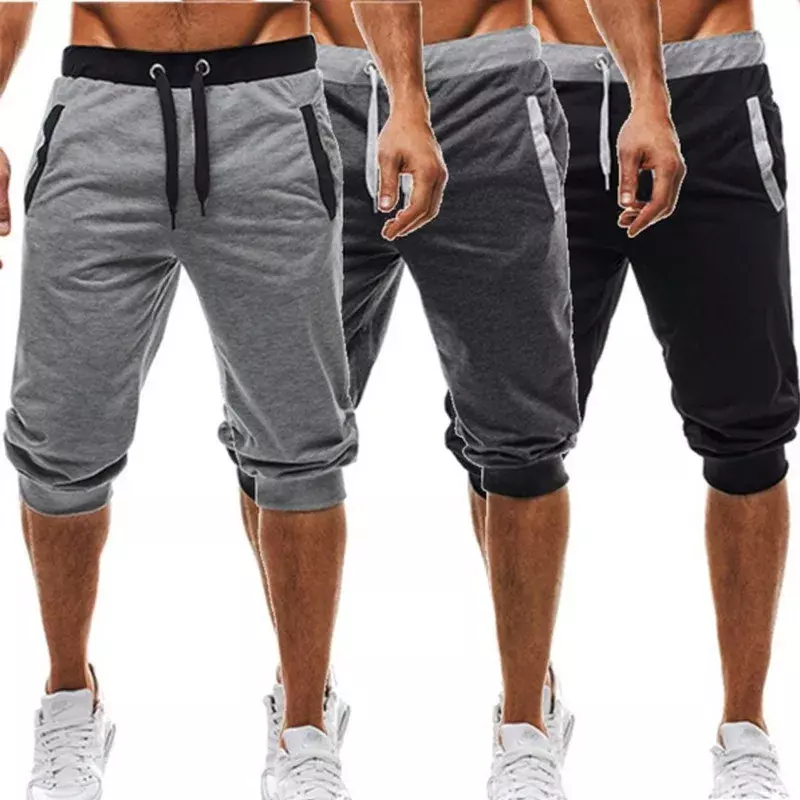 Мужские летние шорты-джоггеры с кулиской 2023, повседневные укороченные брюки с двойной веревкой для фитнеса, уличные модные мужские тренировочные брюки (реальные)