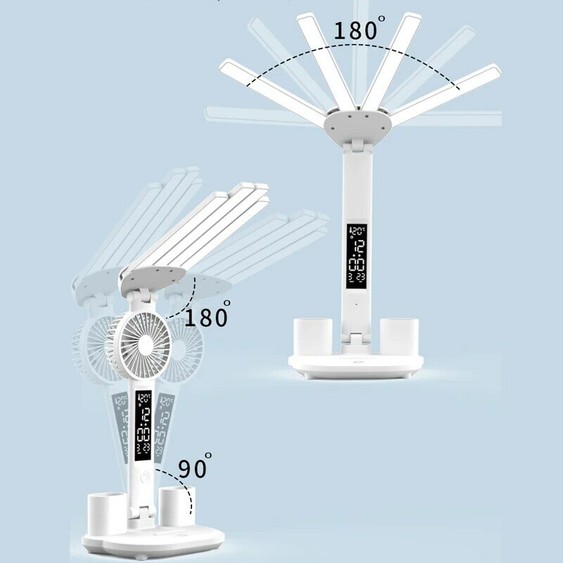 3in1 Multifunctionele Tafellamp Led Vier-Koppige Vouwen Met Ventilator Kalender Klok Usb Oplaadbare Bureaulamp 3 Kleur Leeslamp