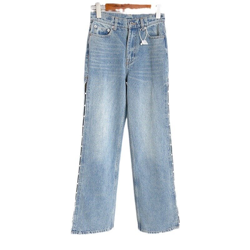 Nicho-Calça jeans de perna reta, guarnição de pérolas laterais azuis, moda tudo em um, início da primavera, 2024