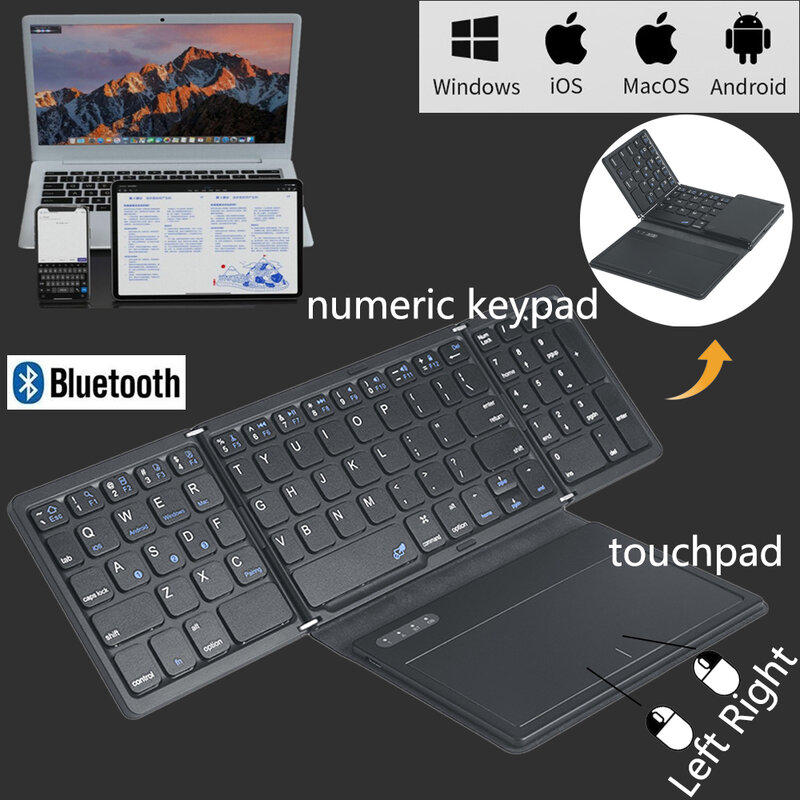Teclado Bluetooth Dobrável Sem Fio, Teclado Portátil, Teclado Dobrável, Integrado com Touchpad para IOS, Android, Tablet Windows Pad, 2023