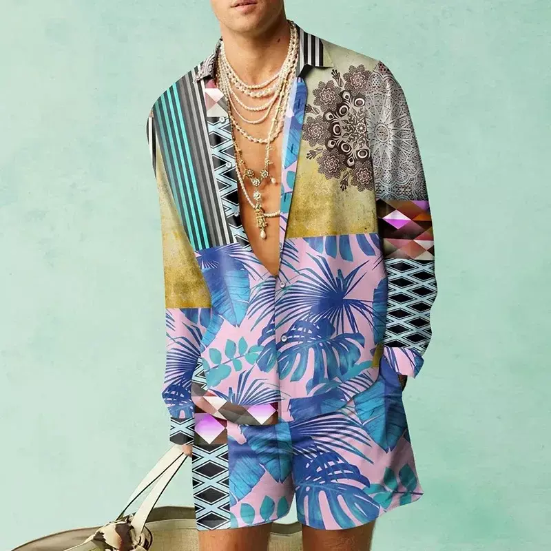 بدلات شاطئ رجالية ثلاثية الأبعاد بطباعة جلد النمر ، قمصان وشورت بطية صدر وأكمام طويلة ، ملابس فضفاضة غير رسمية ، أزياء هاواي ، طقم من قطعتين ،