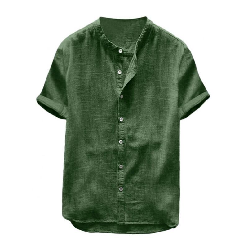 Linen Short Sleeve Men Shirt Buttons Solid Color Loose Cotton Casual Down Beach Shirt