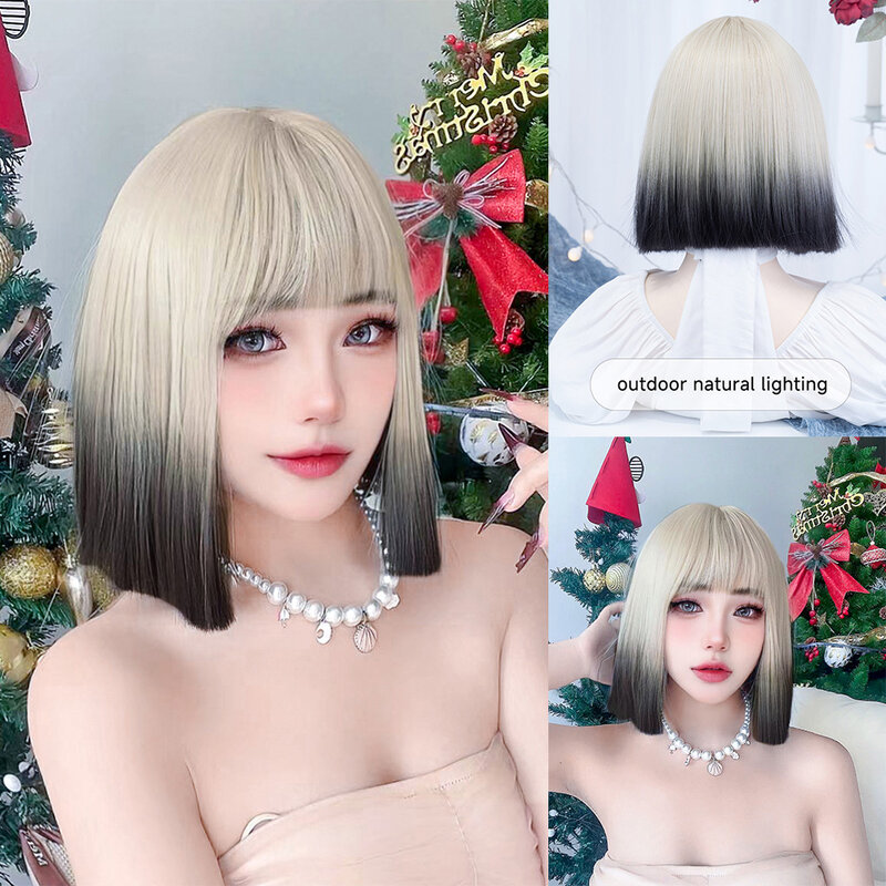 12 Zoll Lolita schwarz blonde synthetische Perücken mit Pony mittel natürliche glatte Haar Perücke für Frauen täglichen Gebrauch Cosplay hitze beständig