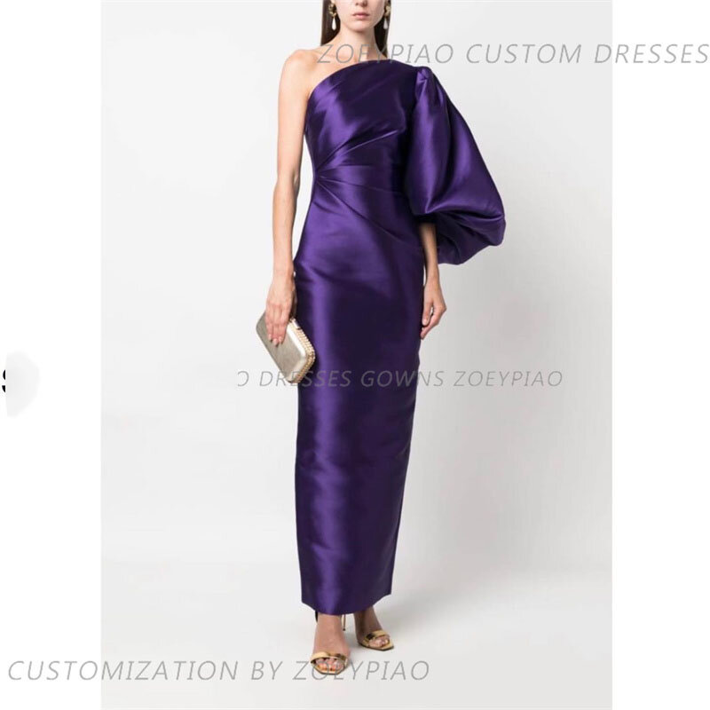 Vestido de noite personalizado cetim para mulheres, vestido de baile de um ombro roxo, comprimento do tornozelo simples, vestidos de festa de casamento verão 2024, 1 manga