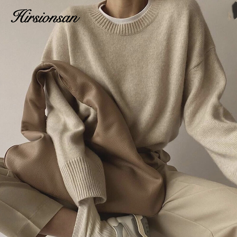 Hirsionsan-Suéter de caxemira extragrande feminino, pulôver de malha básico, jumper solto, chique, macio, casual, moda feminina, outono, inverno