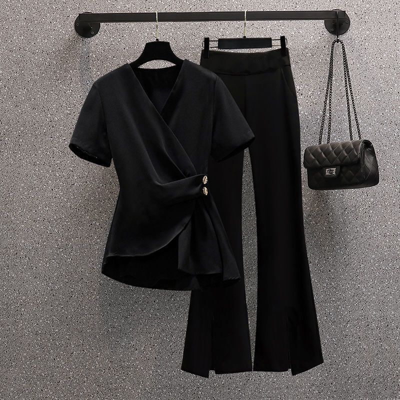 Temperament Waist Collection Chiffon Shirt Set for Women's Summer New Western-style Slimming Micro Flared Pants Two-piece Set