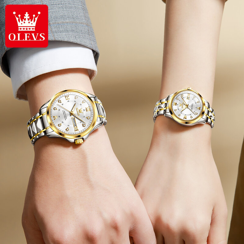 ساعة زوجية من OLEVS-Quartz للرجال والنساء ، مقياس روماني ، قرص ماسي ، فاخر ، أصلي ، حزام معين ، مقاوم للماء ، ساعة يد ،