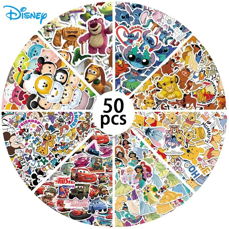 Disney-pegatinas de dibujos animados para chica, calcomanías de princesa Stitch Micky, vinilo para ordenador portátil, equipaje, monopatín, impermeable, 50/100 piezas
