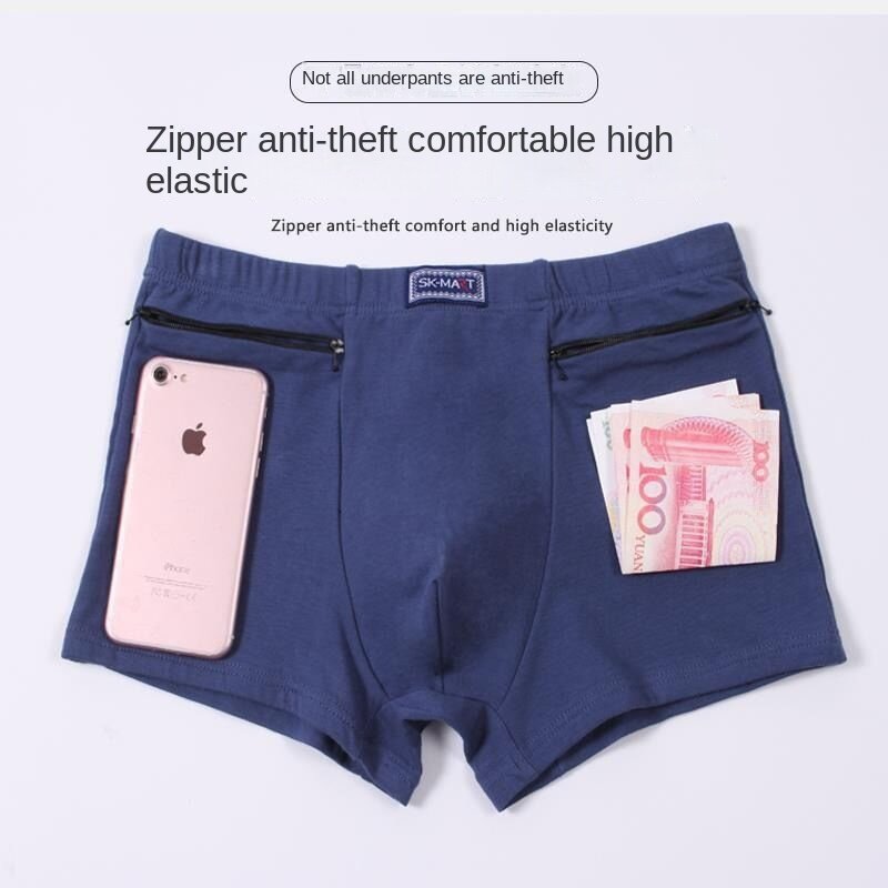 Men's Anti-theft Panties Plus Size Middle-aged and Elderly Men's Pants Breathable Boxers Cotton Large  Double Zipper with Pocket