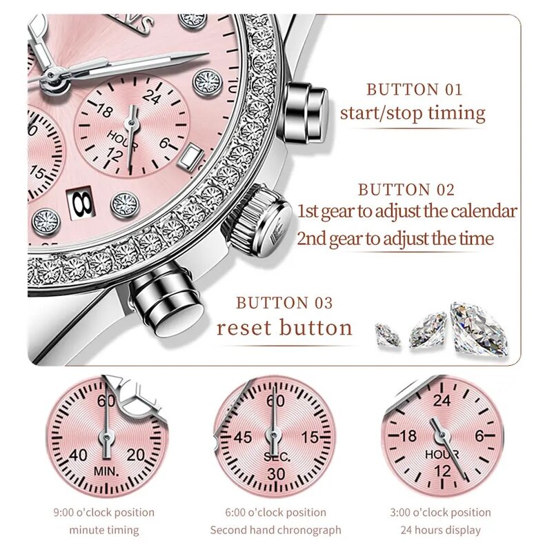 OLEVS-Relógio Original de Luxo Feminino, Bracelete Inoxidável, Luminoso, Impermeável, Data Automática, Diamante, Relógio de Pulso Lady Quartz