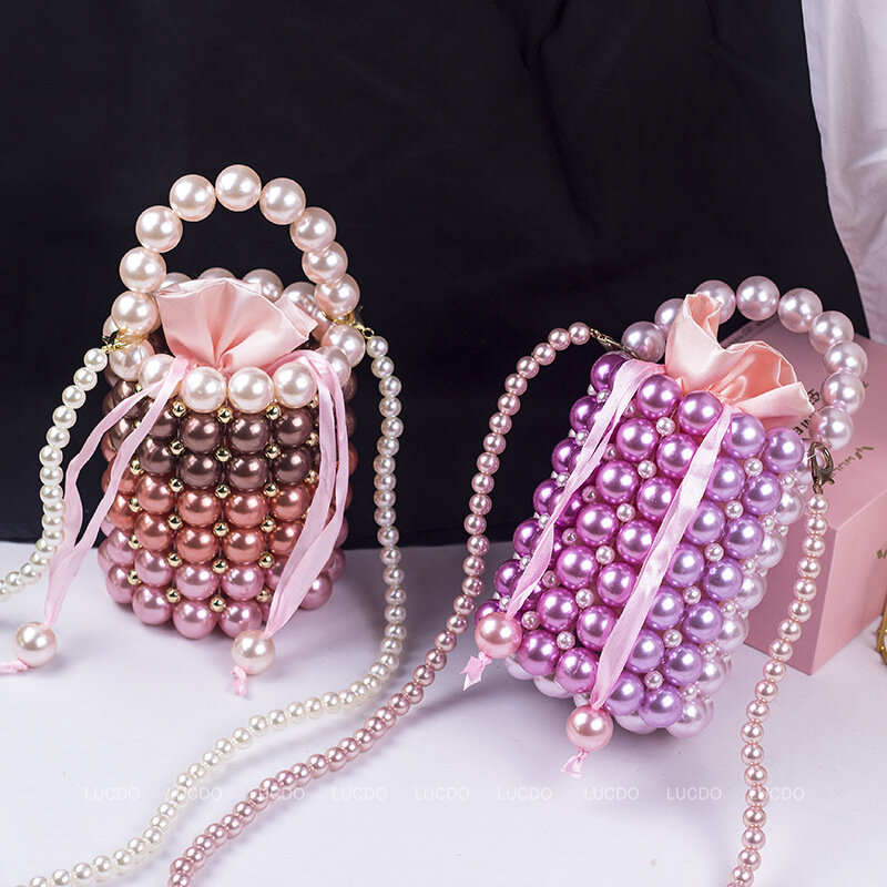 Women Plastic Evening Party Small Mini Handbag Acrylic Pearls Bag Beaded Vintage Bucket Totes Luxury Brand Wholesale White Gold