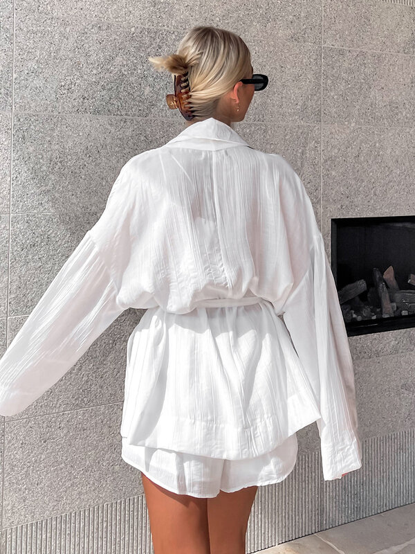 Marthaqiqi White Women Nightgown Suit Long Sleeve Robe Turn-Down Collar Bathrobe Lace Up Pajama Shorts Casual Ladies Nightie Set