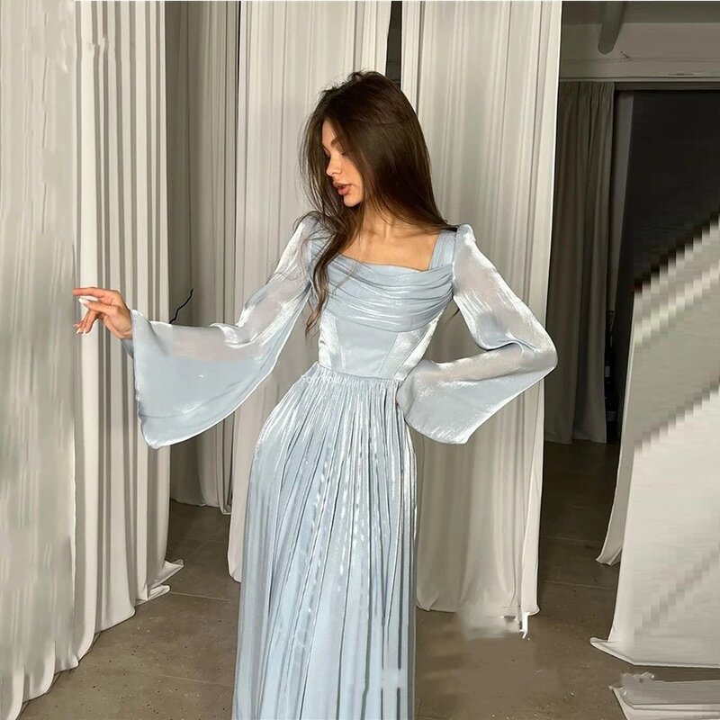 Himmelblau Organza A-Linie quadratischen Kragen Abendkleider plissiert lange Ärmel Saudi-Arabisch Ballkleider Party kleider für Frauen