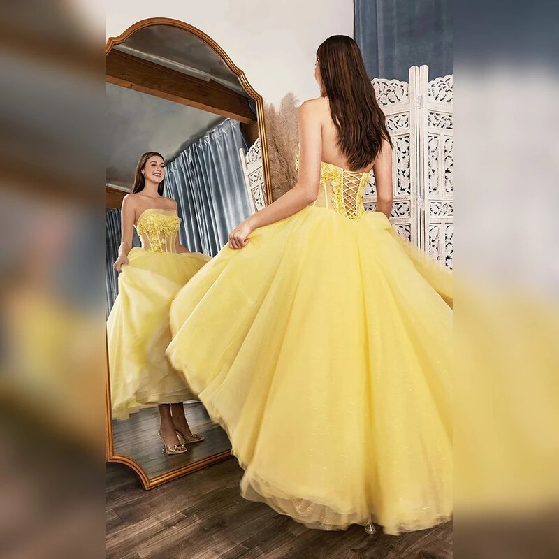 Urocze suknie balowe tiulowe szaty o linii A na formalne bez ramiączek na imprezę bez pleców, eleganckie suknie do herbaty Vestidos De Gala 2024