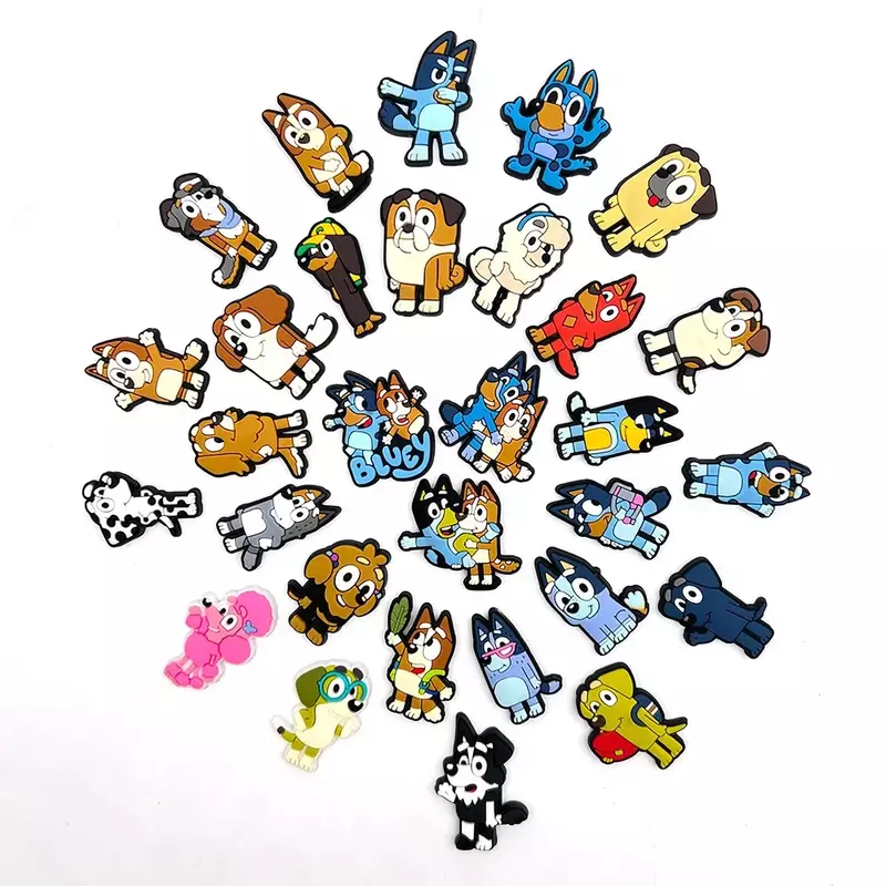 Desenhos animados Série Bluey Encantos da Sapata para Crianças, Tamancos, Bolha Slides Sandálias, PVC Sapato Decorações, Fivela Acessórios, 30pcs