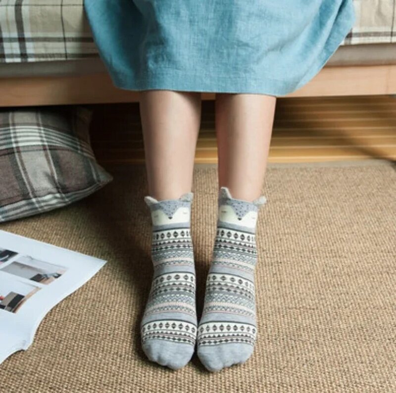 Zoete Koreaanse Katoenen Sokken Nieuwe Schattige Dierenoren Stereo Cartoon Vrouwen Katoenen Sokken Japanse Herfst Korte Sokken