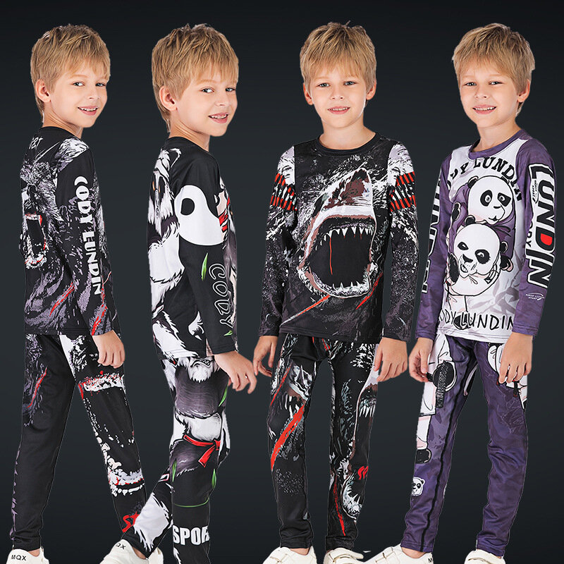 Chie LUNDIN-pantalones de LICRA con protección UV para niños, Leggings de gimnasio, uniforme Jiu Jitsu, camisa de lucha libre, conjunto de 2 piezas, trajes deportivos