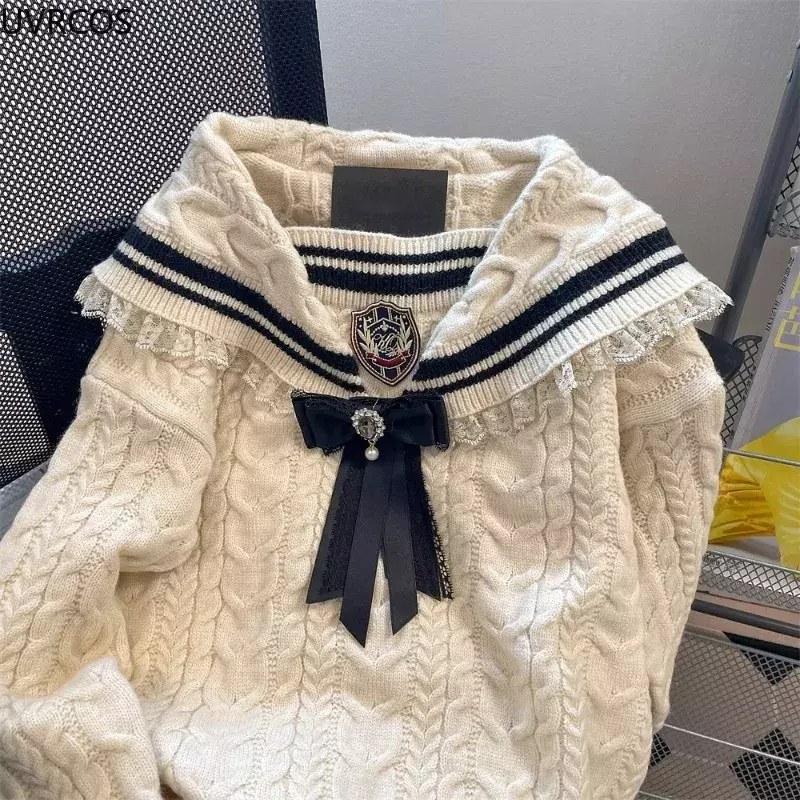 Autumn Winter Preppy Style JK Knitted Sweaters Women Sweet Lace Sailor Collar Bow Pullovers Retro Y2k Thickened Warm Jumper Coat