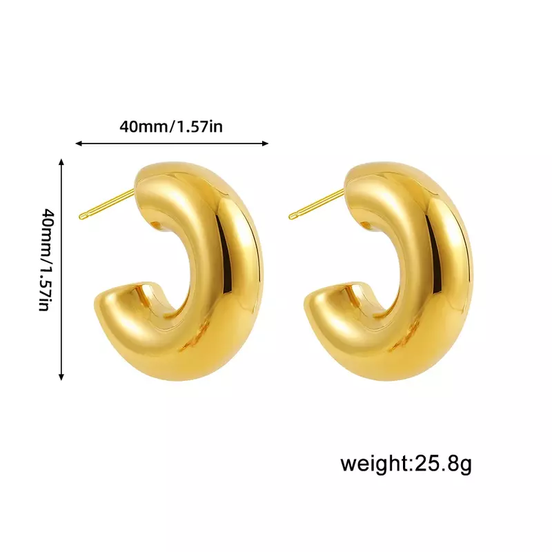 Nuovi orecchini a cerchio a forma di C grosso in acciaio inossidabile retrò placcati in oro lucido PVD Circle Round Tube Huggie Hoops gioielli per l'orecchio impilati