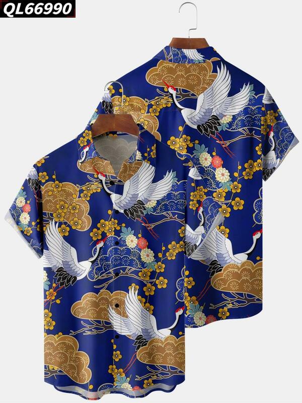 Camisa havaiana de manga curta masculina, camisas de bolso padrão papagaio, roupa casual de férias, alta qualidade, verão