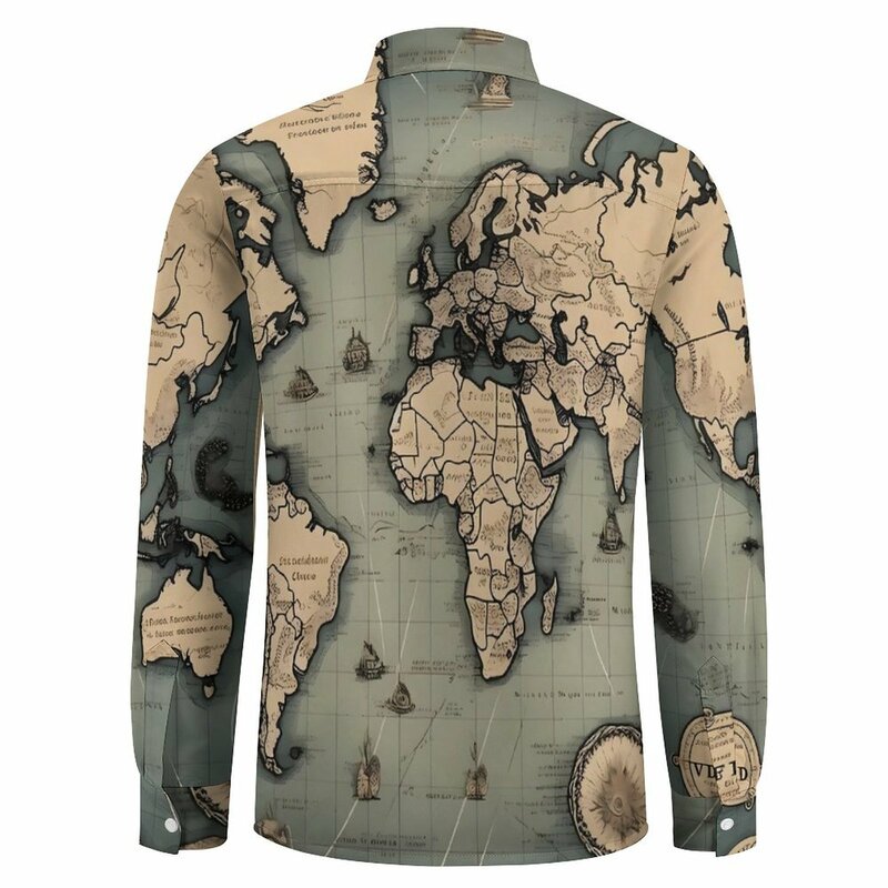 Chemise vintage carte du monde pour hommes, chemises décontractées, chemisiers élégants, manches longues, bricolage, haut à la mode, carte historique, automne, grande taille, 3XL, 4XL