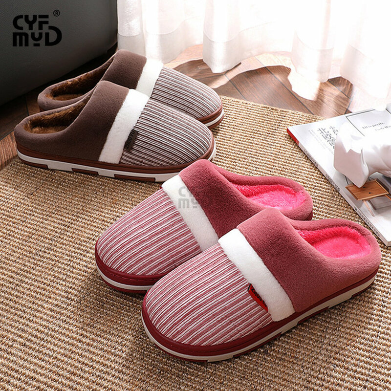 Slippers Male Mixed Color Stripe Winter Warm Home Slippers Man Short Plush Soft Slippers Indoor Concise Big Size House Shoes New
