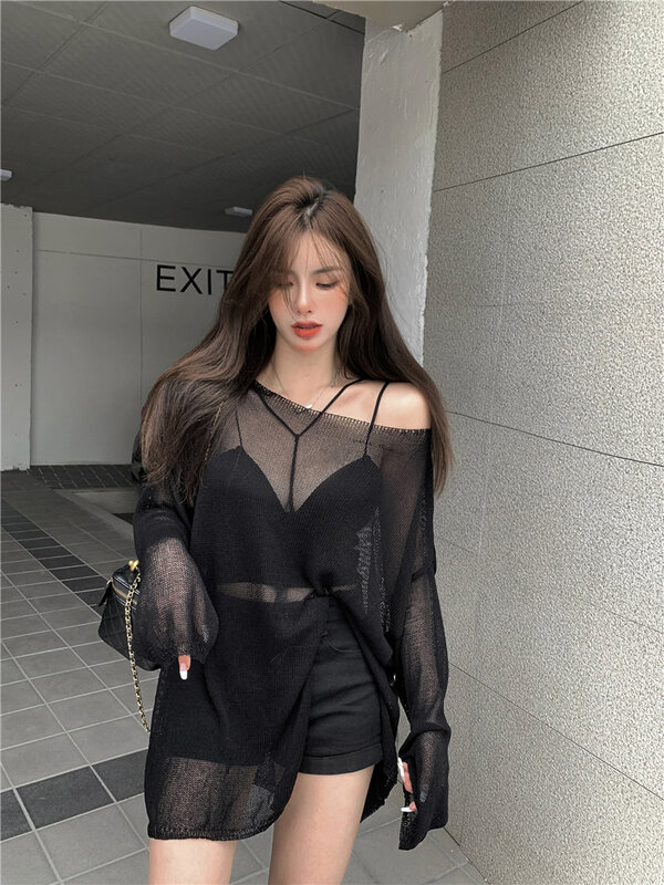 Summer Sexy Women Beach Cover Up Korean Style Loose Black Hollow Long Sleeve See Through Tops 2022 New