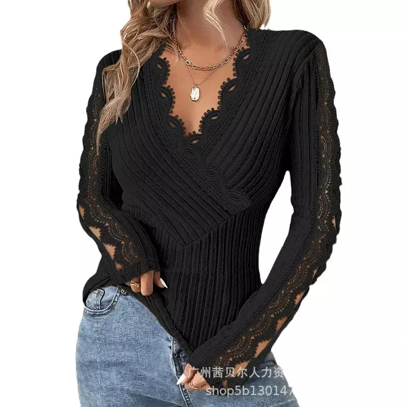 Women V Neck Tops Lace Floral Sweaters Full Sleeve Sheath Casual Regular Knitted Pullovers Splice Jumpers 2023 Autumn Winter