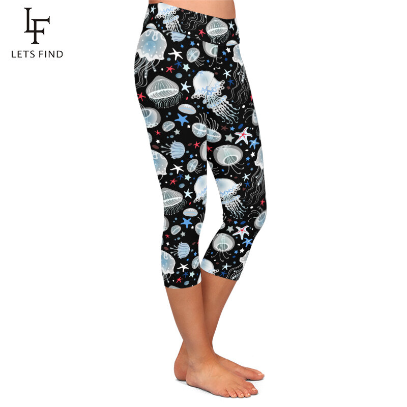 LETSFIND Celana Kapri Wanita Musim Panas 2021 Legging Kasual Mid-Calf Pinggang Tinggi Print Ubur-ubur Hewan Laut 3D Fashion