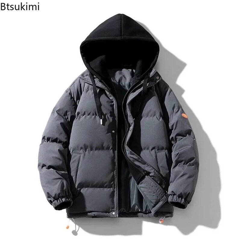 2024 Men's Thick Warm Parka Hooded Thickened Fake Two Piece Sets Solid Man Casual Warm Jacket Coats Fashion Winter Coats for Men