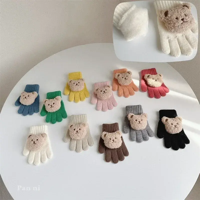 Luvas térmicas com urso para crianças, moda quente e fofa, luva de boneca dos desenhos animados para criança, menino e menina, linda, outono e inverno