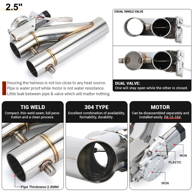 Universal 2" 2.25'' 2.5'' 3" Double Valve Electric Exhaust Cut Out Valve Exhaust Pipe Muffler Kit with Wireless Remote Control