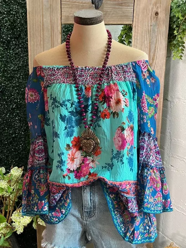 Блузка с цветочным принтом, плиссированная блузка с оборками, вырезом лодочкой и открытыми плечами